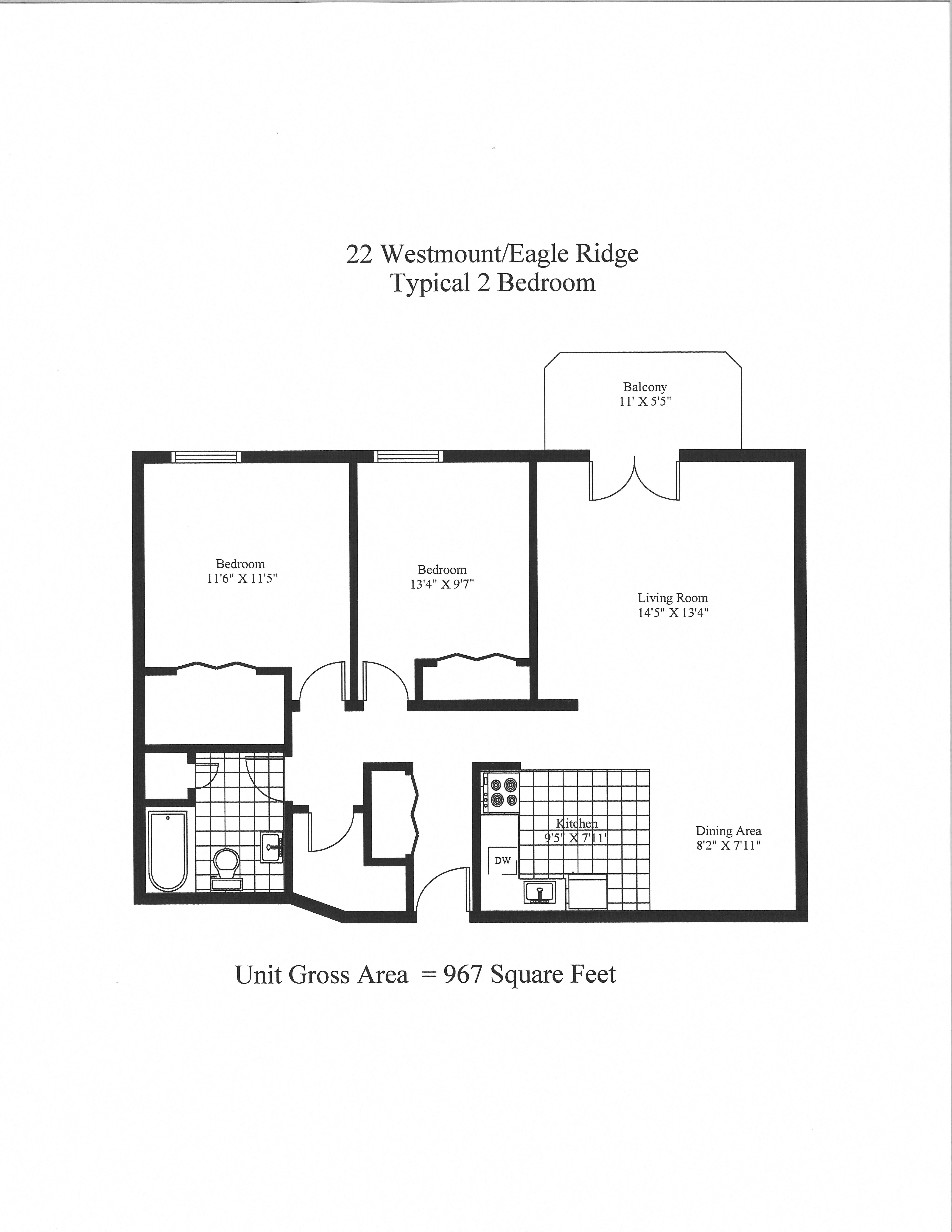 Floor plan for 2 beds, 1 bath, 962 sqft